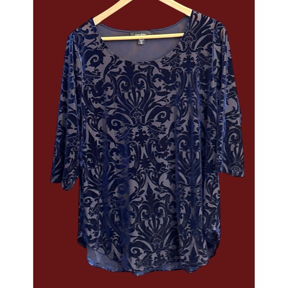 Karen Kane Navy Velvet Burnout Damask Blouse Plus Size Elegant Baroque Top 1X - Picture 1 of 8